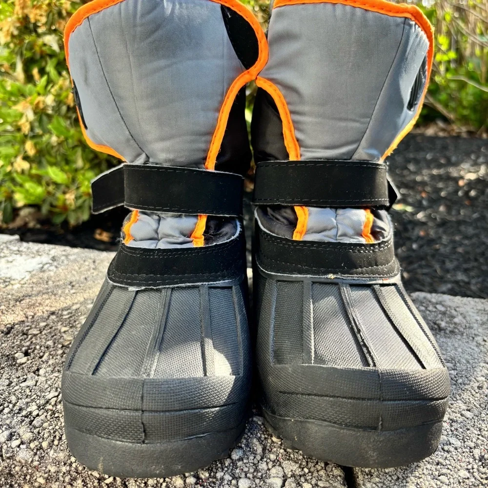 Kids Black and Gray Winter Snow Boots with Orange Trim
